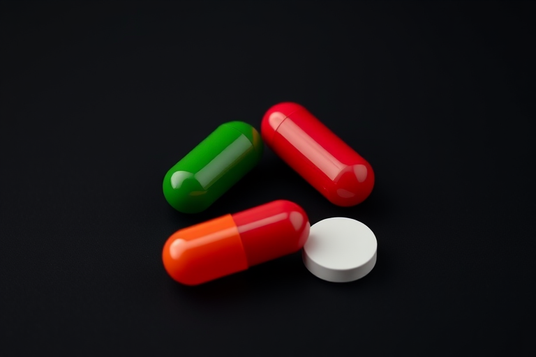 Create an image of three pills: a shiny green capsule, a shiny red capsule, and a plain white tablet on a black background, using a DSLR camera with a 50mm lens, f/2.8 aperture, ISO 100, and a shallow depth of field for enhanced clarity and detail.
