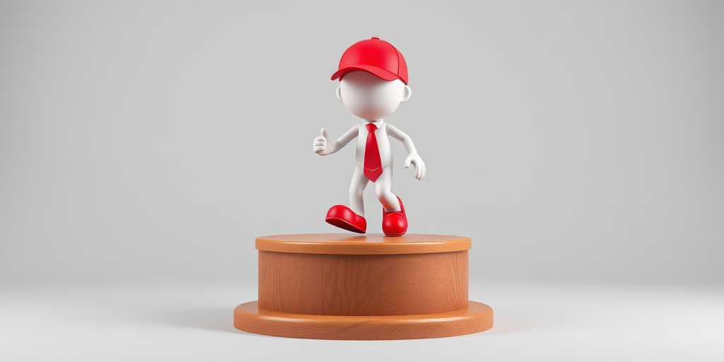 Create a 3D rendering of a cartoon figure wearing a red cap and a tie, stepping on a wooden podium with a smooth texture, using a DSLR camera with a 50mm lens, aperture f/1.8, ISO 100, and a shallow depth of field, in a well-lit studio setting.