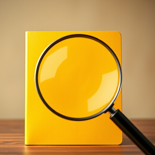 high-resolution image of a yellow folder with a magnifying glass overlay, soft focus background, studio lighting, captured with a DSLR camera, 50mm lens, aperture f/2.8, ISO 100, shot at eye level