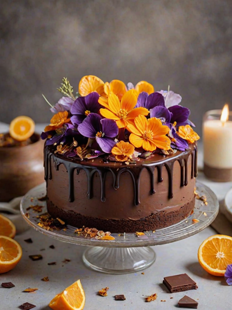 Create an image of a richly decorated chocolate cake topped with dried orange slices, edible flowers, and chocolate shards. The setting should be bright and inviting, with a soft-focus background featuring a light-colored table and decorative elements like a glass and flowers.