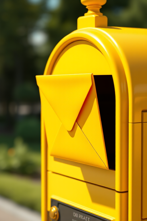 create a 3D rendering of a yellow envelope emerging from a yellow mailbox, focus on a bright and glossy finish, shot with a DSLR camera at f/2.8 aperture, 50mm lens, in natural daylight, emphasizing shadows and highlights for depth.