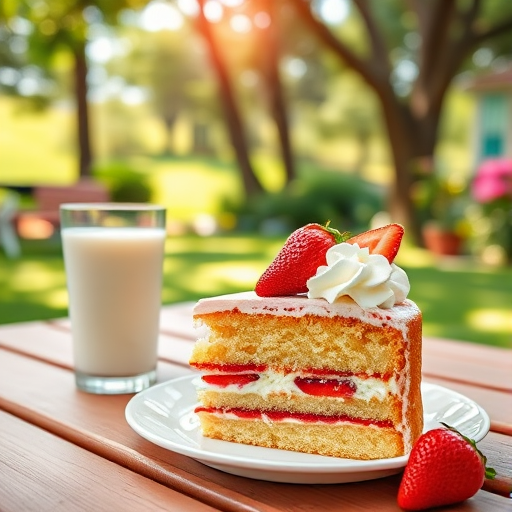 A slice of strawberry cake with whipped cream and fresh strawberries on a picnic table, beside a glass of milk in a lush garden, soft sunlight filtering through trees, aperture f/2.8, shutter speed 1/250s, ISO 100, 50mm lens, DSLR camera, vibrant colors, shallow depth of field.