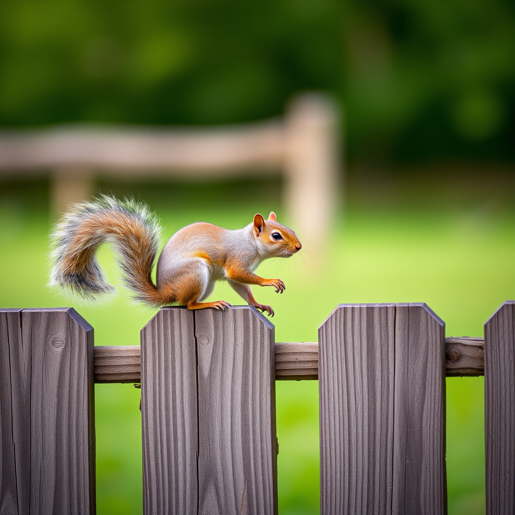 squirrel on a wooden fence, shallow depth of field, 50mm lens, f/2.8 aperture, ISO 200, 1/500s shutter speed, natural light, outdoor setting, focus on the squirrel with a blurred background