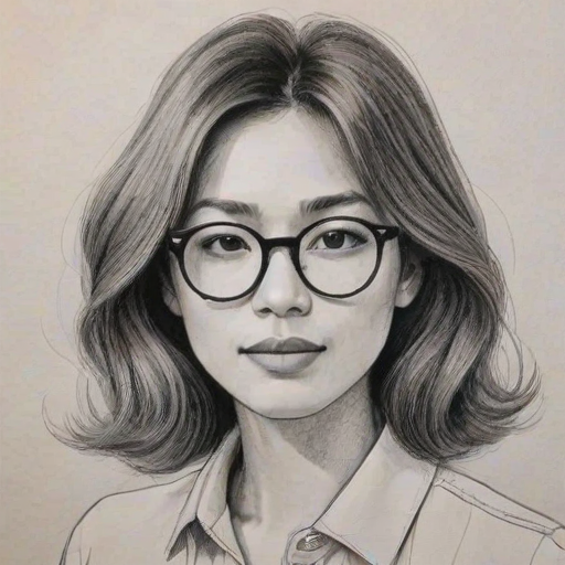 Enchanting Manny Jacinto, pencil sketch, portrait of Pleasing woman 1965s in glasses, hair style beatnik, outline, clear lines, fine lines, 8k