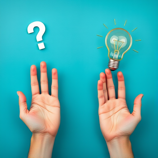 Create an image of two hands reaching out with question marks above them on one side and light bulbs above them on the other side, using a clean teal background, shot with a DSLR camera at f/2.8, ISO 100, 50mm lens, in a flat lay style for sharp detail and vibrant colors.