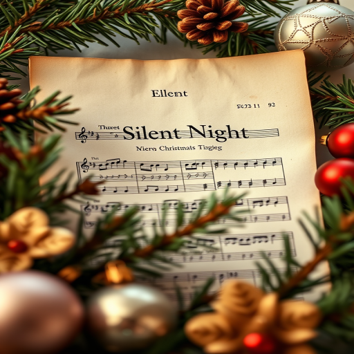 Capture a close-up shot of a vintage sheet music page titled "Silent Night" surrounded by pine branches and decorative ornaments in a soft, natural light, using a DSLR camera with a 50mm lens at f/2.8, ISO 100, and a shutter speed of 1/125 sec to create a warm, nostalgic atmosphere with shallow depth of field.