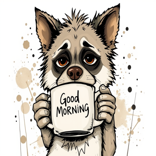 A quirky, artistic illustration of a disheveled akita pit dog breed with exaggerated, large eyes and spiky fur, holding a coffee mug that reads "Good Morning". The dog has a tired but humorous expression, with ink splatters and abstract details surrounding it, giving a whimsical feel to the image. The color palette is mostly monochrome with hints of brown in the eyes and steam rising from the mug, enhancing the overall sleepy vibe
