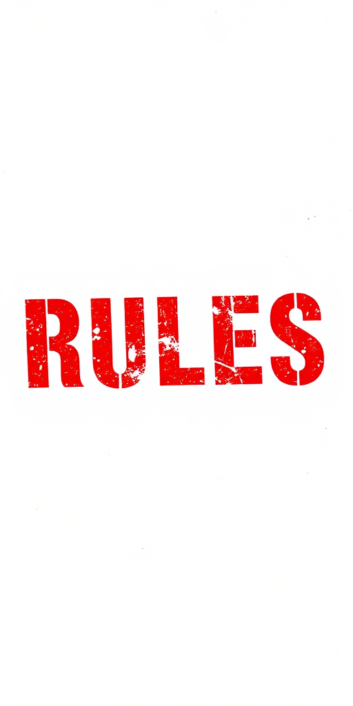 Create an image of the word "RULES" in bold red letters stamped with a distressed texture, set against a transparent background, using a DSLR camera with a 50mm lens, aperture f/2.8, ISO 100, 1/125 shutter speed, shot in portrait view for enhanced clarity and detail.
