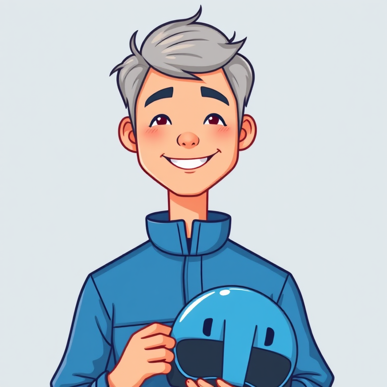 Create a vector illustration of a smiling person with short gray hair wearing a blue jumpsuit and holding a blue helmet, use a clean design style, and ensure vibrant colors, camera settings: f/4, ISO 100, 1/125s, camera view: front view, camera style: flat design, camera type: digital illustration.