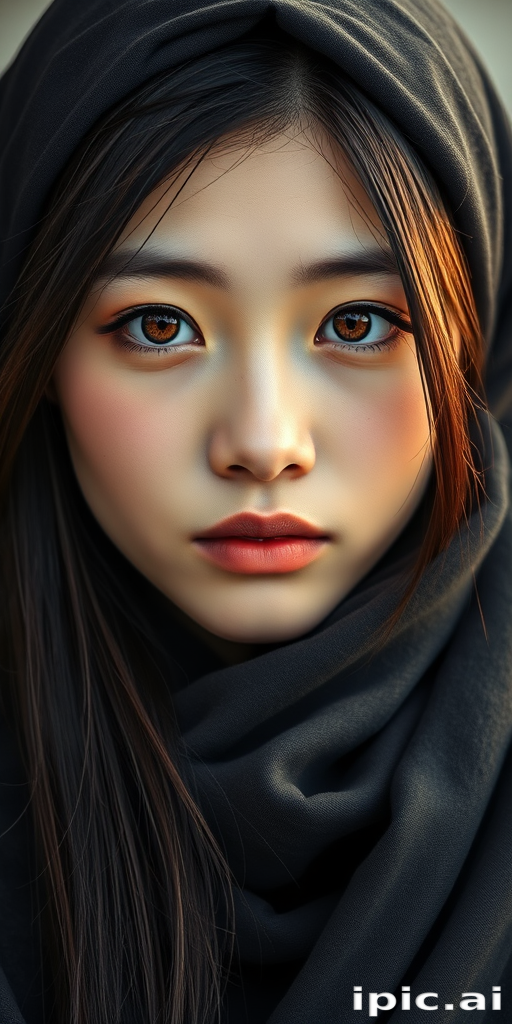 Create a portrait of a young japanese woman with long, dark hair and captivating hazel eyes. She is wearing a dark headscarf and a matching scarf draped gracefully around her neck. The background is softly blurred, focusing attention on her serene and natural expression. The overall color palette is muted and warm, enhancing the intimate and authentic feel of the portrait.