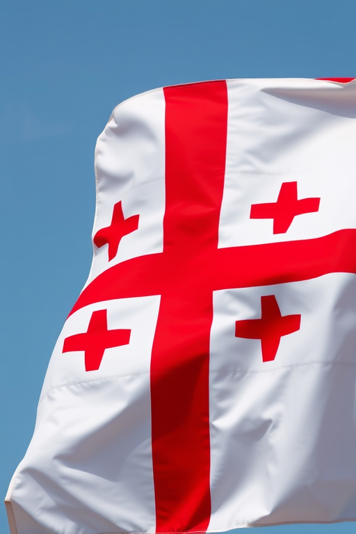 Create a high-resolution image of the Georgian flag with vibrant colors and sharp contrast, using a Canon EOS R5 camera, 50mm lens, f/8 aperture, ISO 100, and soft natural lighting.
