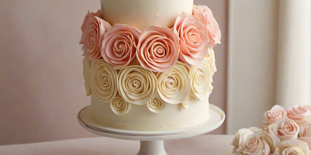 Create an image of a three-tiered cake decorated with beautifully piped buttercream roses in shades of white, peach, and pink. The design should feature intricate rosettes covering each tier, with a smooth, elegant finish, set on a simple cake stand. The background should be soft and neutral to highlight the cake's colors and details.