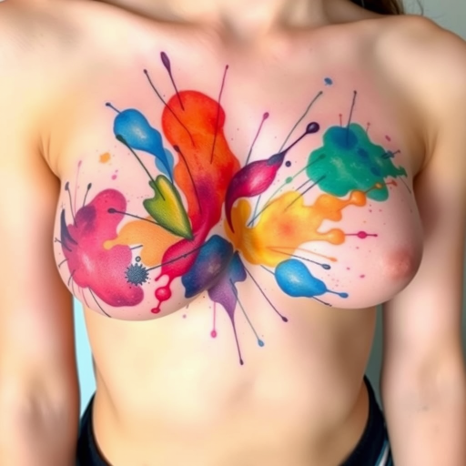Whimsical watercolor splash tattoo covering the ribcage with abstract swirls and splatters in rainbow hues creating a playful and dynamic composition with seamless color transitions