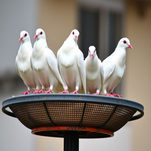Capture a group of five white doves perched on a feeding platform with vibrant detail, using a DSLR camera, 50mm lens, aperture f/1.8, ISO 200, shutter speed 1/500s, shallow depth of field, natural lighting, focused on the birds with a blurred background.