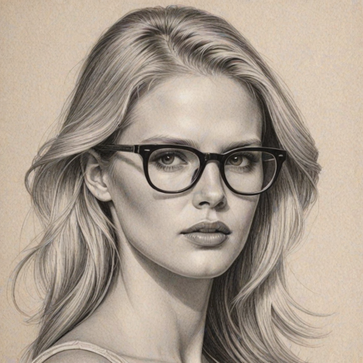 Lovely Lara Stone, pencil sketch, portrait of Resplendent woman 1968s in glasses, hair style beatnik, outline, clear lines, fine lines, 8k