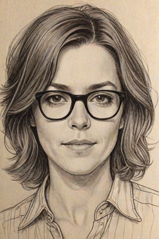 Wonderful Brandi Carlile, pencil sketch, portrait of Resplendent woman 1973s in glasses, hair style beatnik, outline, clear lines, fine lines, 8k