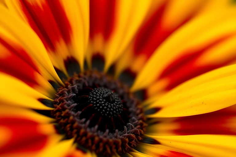 close-up of a vibrant yellow and red flower with a dark center, shallow depth of field, 50mm lens, f/2.8 aperture, 1/200s shutter speed, natural light, Canon DSLR, macro photography style