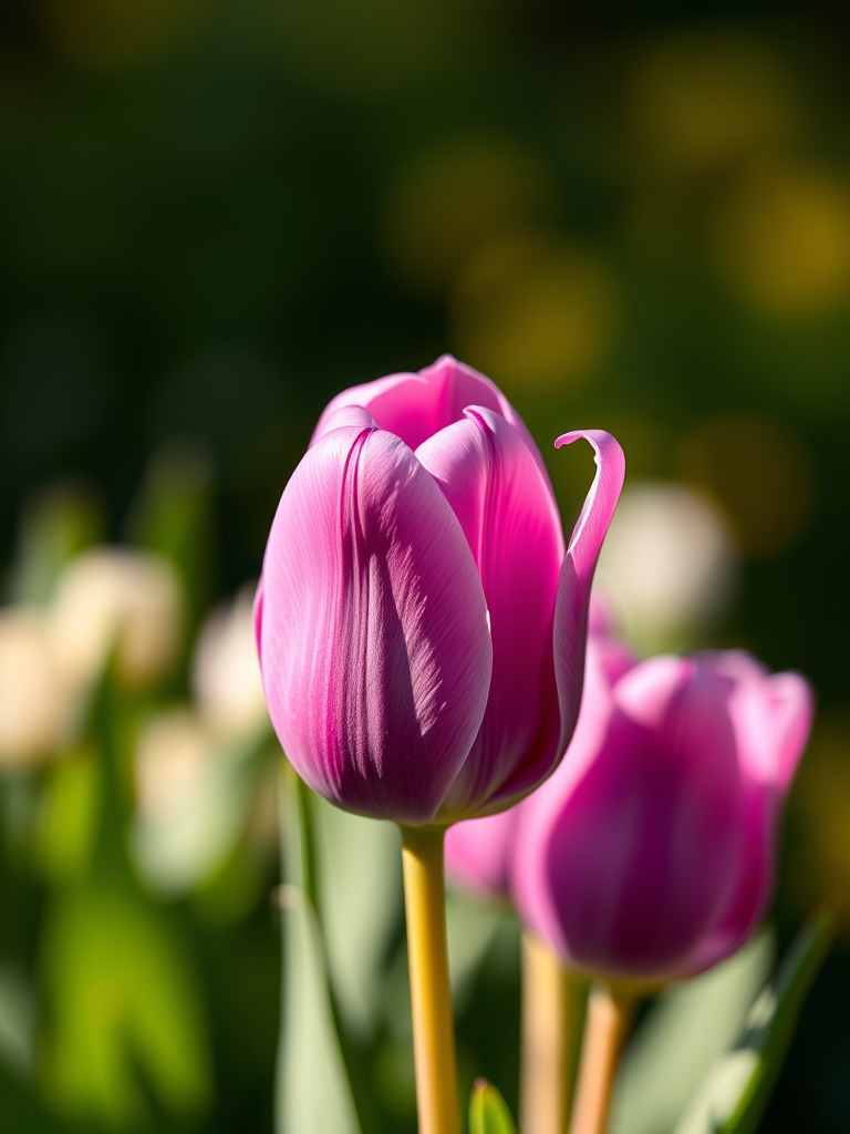 Set up a Canon EOS R5 camera with a 100mm f/2.8 macro lens, aperture set to f/4 for a shallow depth of field, ISO 100, shutter speed 1/200s, captured in natural light against a soft bokeh background featuring purple tulips with delicate details and vibrant colors.