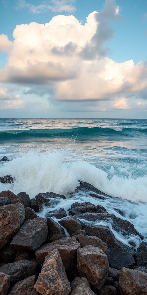Create an image of ocean waves crashing against a rocky shore under a partly cloudy sky, using a Canon EOS 5D Mark IV, 50mm lens, aperture f/8, shutter speed 1/500 sec, ISO 200, with a vibrant color profile for enhanced visual impact.