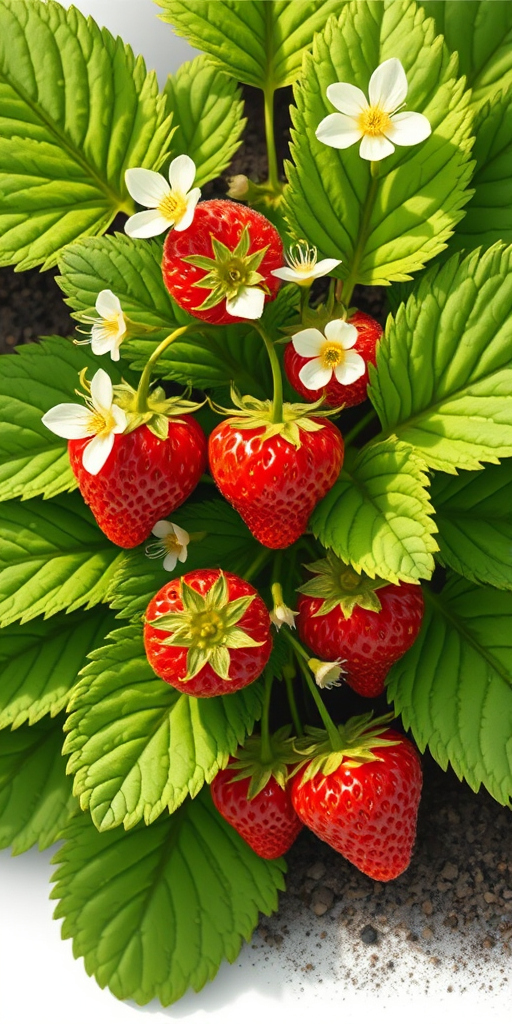 Create a detailed illustration of a strawberry plant with lush green leaves, vibrant red strawberries, and delicate white flowers, captured with a DSLR camera at f/4 aperture, 50mm lens, using natural lighting for enhanced clarity and color vibrancy, with a top-down view to emphasize the plant's structure.