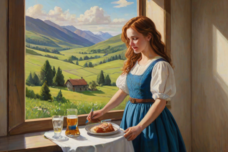 In "A Glass of Beer on the Highland," a serene scene is depicted in a sunlit room where a woman in a vibrant blue dress stands by a large window. She holds a tray with a hearty meal and a frothy glass of beer, embodying a moment of relaxation. Outside, the breathtaking highland landscape features rolling green hills and a charming traditional house, all bathed in warm afternoon light. The interior is adorned with potted plants, creating a harmonious blend of comfort and nature. The painting beautifully captures the tranquility and joy found in simple pleasures amidst stunning scenery