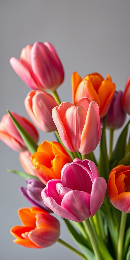 A vibrant bouquet of pink, orange, and purple tulips against a soft gray background, photographed with a Canon EOS R5, 50mm lens, f/1.8, ISO 100, natural light, close-up shot to enhance detail and colors.