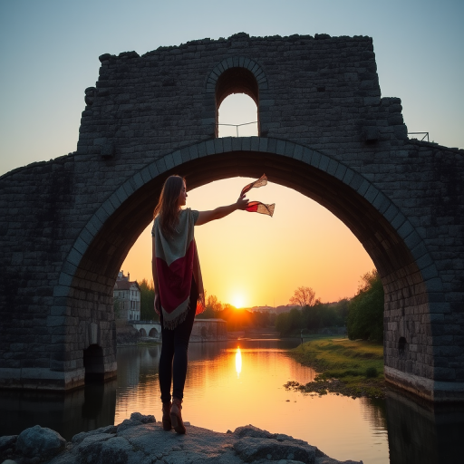 Ancient stone bridge over a peaceful river, a woman standing in the middle, watching the sunset reflect off the water below, her long scarf blowing in the wind.