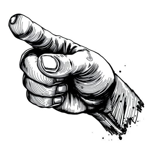 Create a high-resolution illustration of a hand pointing right with detailed ink shading and texture, using a Canon EOS R5 camera, 50mm lens, f/1.8 aperture, ISO 100, and natural lighting for clarity and contrast.