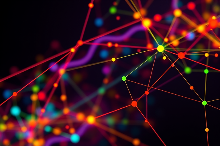 generate an abstract image of colorful interconnected lines and nodes on a gradient background, use a Canon EOS R with a 24-70mm f/2.8 lens, aperture set to f/8, ISO 100, and a shutter speed of 1/125 sec, captured from a frontal perspective with sharp focus and vibrant colors.