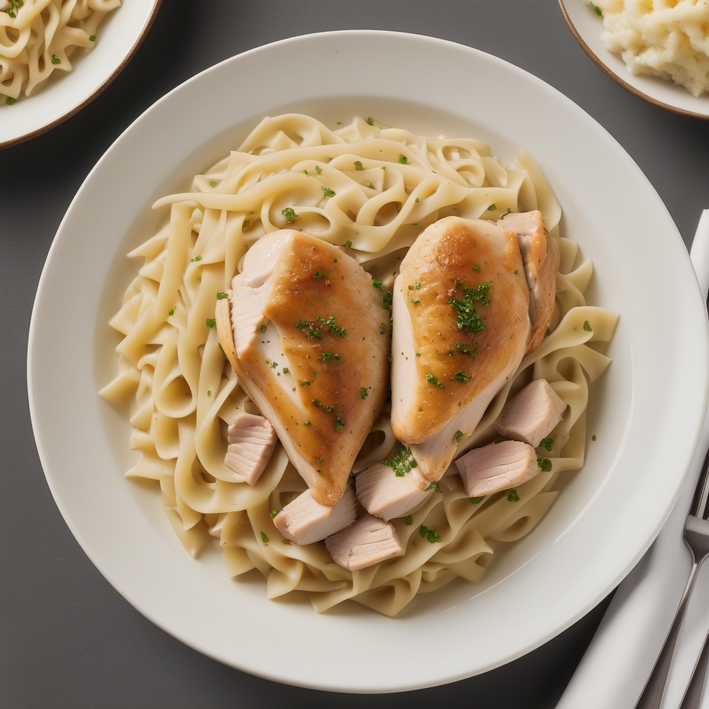 chicken noodles and mashed potatoes