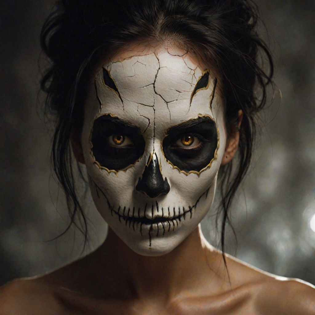 Create image featuring a close-up of a face painted like a skull. The skin is predominantly white with textured, cracked paint. The eye sockets are painted black, blending into the natural shadows of the eyes, creating a deep, hollow look. Bright, intense golden-yellow lights radiate from the eyes, casting a warm glow that contrasts with the cold, esoteric background. The nose is painted black in the shape of a spade. The mouth area features black lines extending from the corners, resembling a stitched effect. The face has sporadic black hair strands that frame it dramatically, adding to the eerie yet captivating feel. The background is blurred and dark, enhancing the focus on the face. Small, glowing orange embers are scattered sporadically across the image, contributing to the mysterious and magical atmosphere. The overall style is hyper-realistic with an emphasis on the contrast between light and dark elements, giving it an almost supernatural