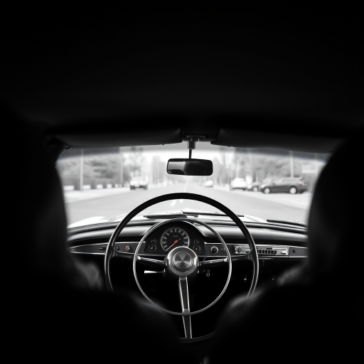 Capture a high-resolution black and white image of a vintage car interior focused on the steering wheel and dashboard, using a DSLR camera at f/2.8 aperture, ISO 100, and a shutter speed of 1/60s, with a shallow depth of field to emphasize details, shot from the driver's seat angle to create an immersive perspective.