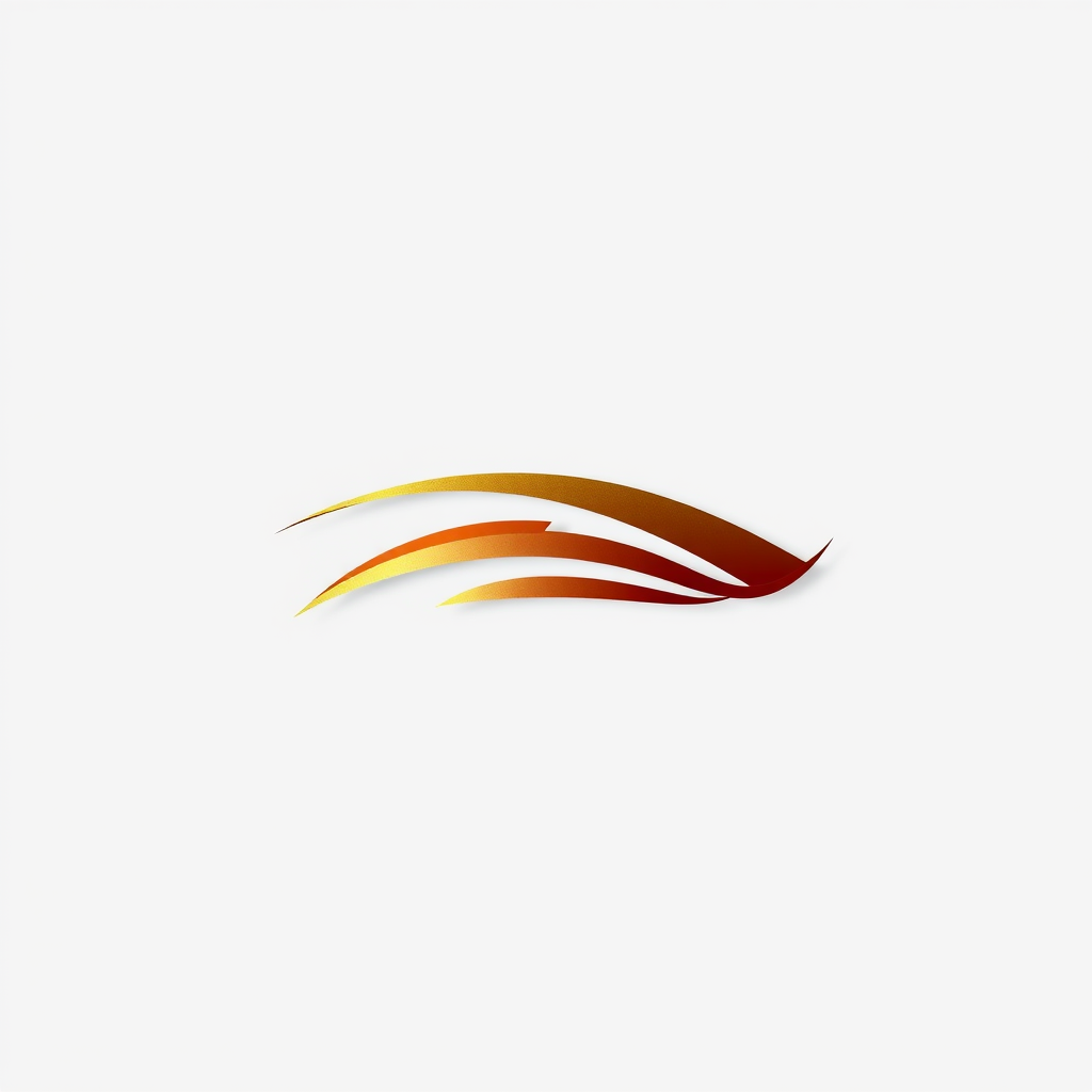 Create a high-resolution image of a stylized logo with a smooth gradient of gold and red flowing lines, captured with a Canon EOS R5 at f/2.8, ISO 100, 1/200 sec, using a 24-70mm lens in a minimalist composition on a clean white background.