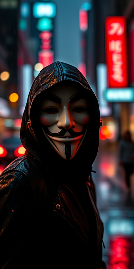 Create a high-resolution image of a figure wearing a Guy Fawkes mask in a neon-lit rainy cityscape at night with blurred city lights in the background, using a DSLR camera with a 50mm lens, aperture f/1.8, ISO 400, and a shallow depth of field to enhance detail and contrast.