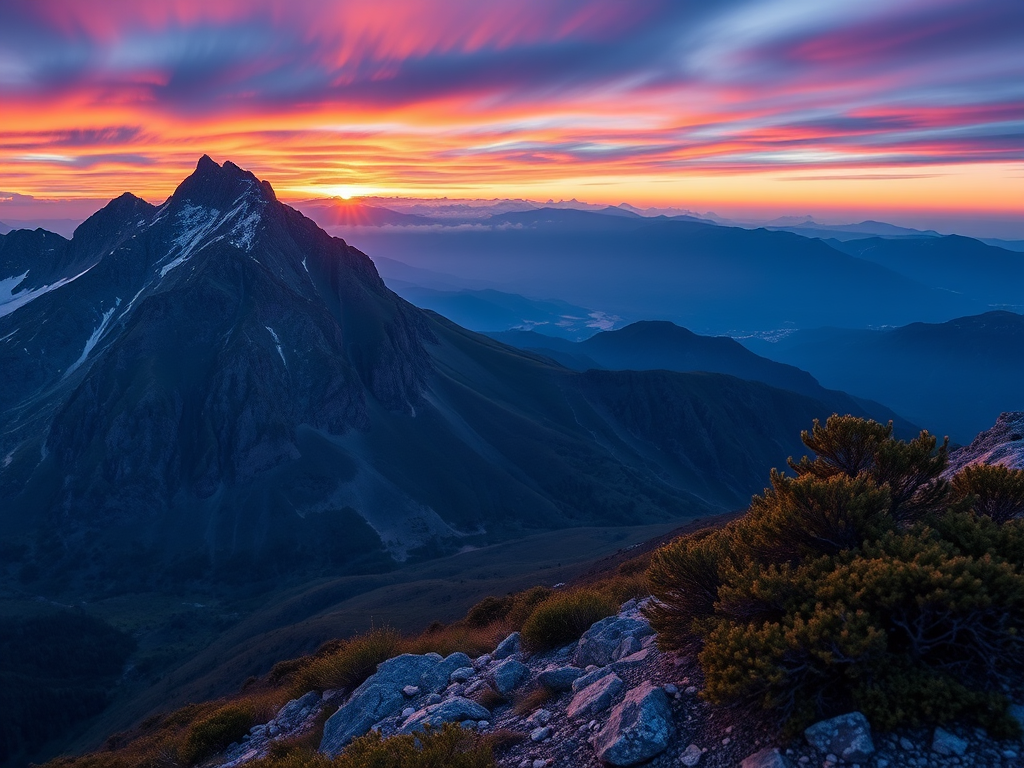 Generate a high-resolution image of a serene mountain landscape during sunrise with vibrant colors, use a DSLR camera, 24mm lens, aperture f/8, ISO 100, and a shutter speed of 1/60s, focus on the foreground with a wide-angle perspective.
