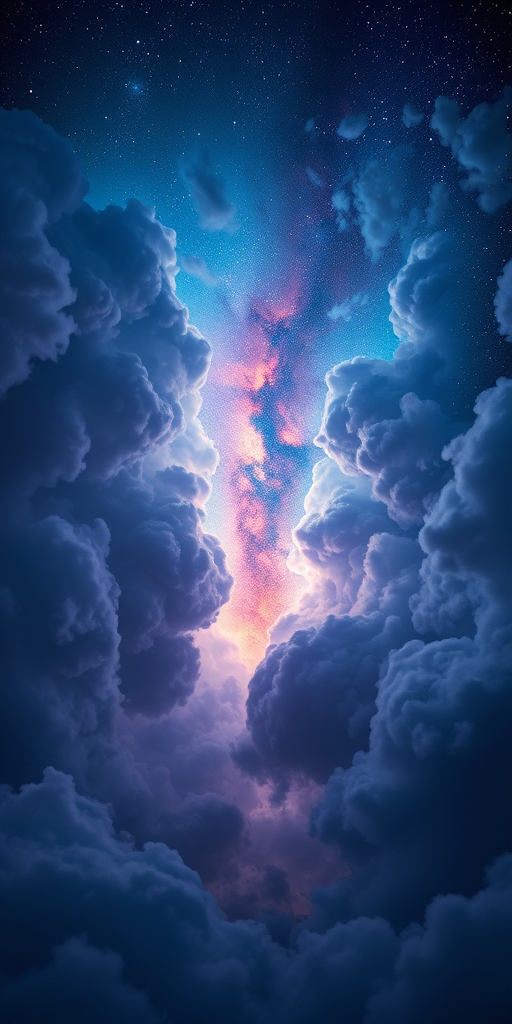 create a surreal image of a cosmic tunnel emerging from storm clouds in a starry night sky with vibrant colors and swirling galaxies, captured with a Canon EOS R5, 24mm lens, f/2.8 aperture, ISO 1600, at night with a wide-angle view to enhance depth and clarity.
