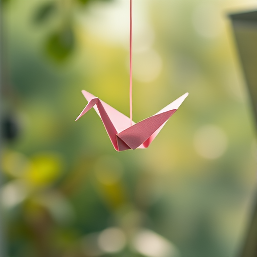 Create a high-resolution image of a hanging origami crane in soft natural light with a shallow depth of field, using a DSLR camera at f/2.8, ISO 100, shutter speed 1/200s, with a focus on the crane and a blurred background to enhance the subject.