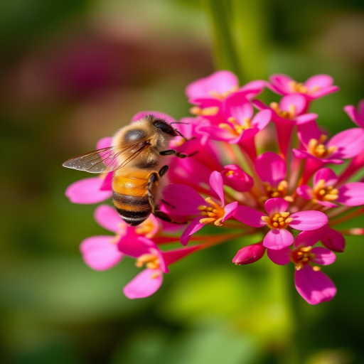 Close-up of a bee hovering over vibrant pink flowers with blurred green background, shot with a Canon EOS 5D Mark IV, 50mm f/1.4 lens, aperture f/2.8, ISO 100, shutter speed 1/500s, natural light.