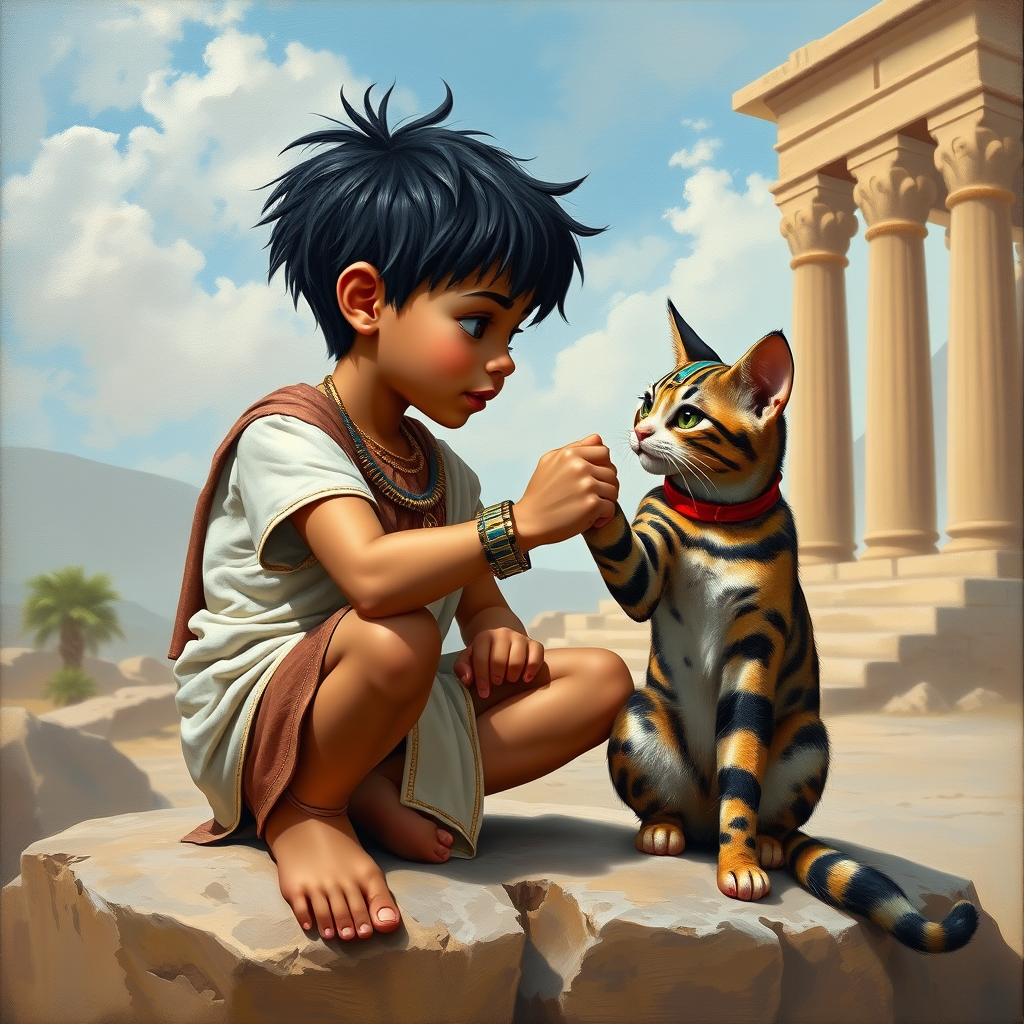 Airbrush, whimsical, glossy oil painting, hyper realism of an Ancient Egyptian boy with black messy short hair, wearing an Ancient Egyptian outfit, bare feet, sitting on a stone in front of a temple, fist bumping with his Ancient Egyptian cat, the boy and the cat looking to each other proudly.