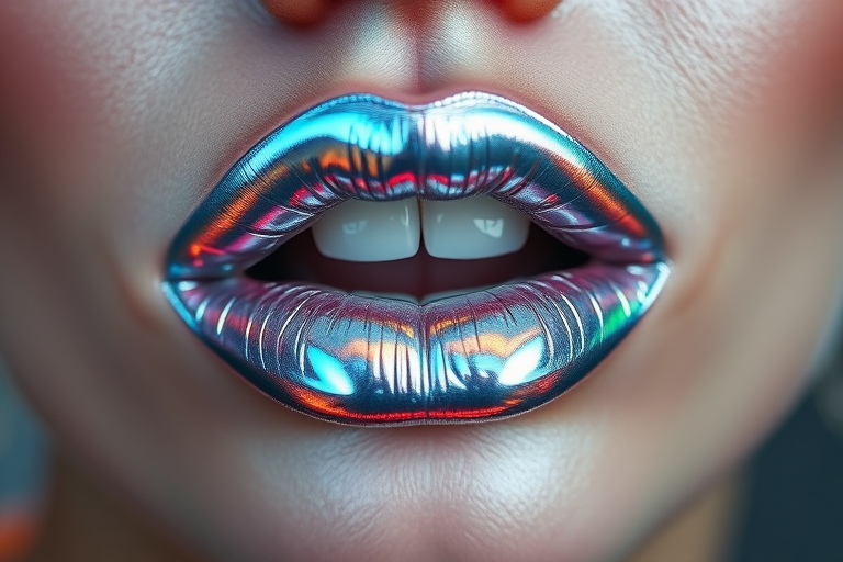 Holographic silver lips with a mirror-like shine, futuristic and eye-catching, perfect for creating an otherworldly appearance