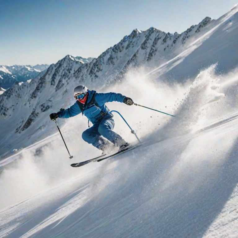 Blurry, action shot of a skier mid-air off a snowy mountain slope, with powder flying up from their skis and the bright blue sky and distant peaks creating a dramatic backdrop.