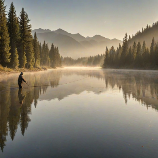 Sharp, high-resolution photo of a fisherman casting a line into a river at dawn, soft mist rising from the water, sunlight glinting off the surface, distant mountains and trees reflected in the water, the sound of birds chirping and the gentle splash of water filling the air.