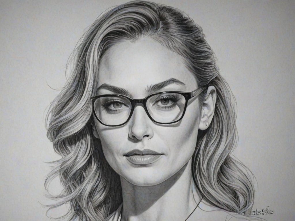 Graceful Drea de Matteo, pencil sketch, portrait of Dazzling woman 1947s in glasses, hair style beatnik, outline, clear lines, fine lines, 8k