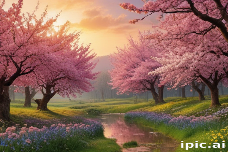 A Serene Spring Landscape with Blossoming Cherry Trees and Colorful ...