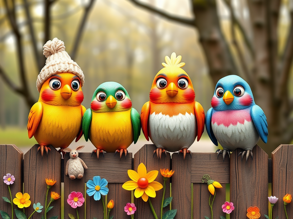 create a scene of 4 quirky  whimsical colourful comical birds each with a funny expression. they are sat on a wooden fence with colourful flowers. they are all different sizes. each one is a different colour  one is wearing a woolly hat. Each one has a different quirky google expression and there is a muted background of trees watercolour paintierly style high definition 8k resolution 3D paper mache
