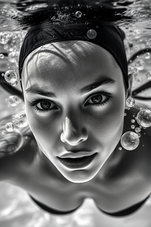 Regenerate a black and white image of a female swimmer underwater, close-up view, capturing her facial expression with water bubbles around her, using a DSLR camera with a 50mm f/1.8 lens, aperture set at f/2.8, ISO 200, shutter speed 1/200s, natural light to enhance clarity and contrast.