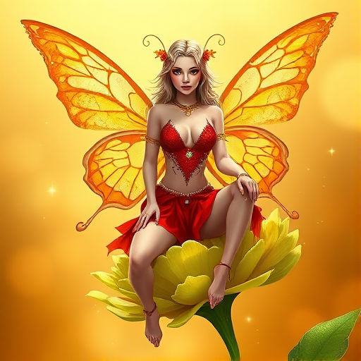 A digital artwork features a winged fairy with delicate Salmon butterfly wings, adorned with intricate Juniper andFern patterns. She is seated on a vibrant Lime flower, wearing a revealing red two-piece outfit with sparkling beadwork. Her fair skin, long blonde hair, and gold jewelry add to her ethereal appearance. The background is a warm, golden gradient, creating a magical atmosphere. Small glowing orbs and sparkles surround the flower, enhancing the enchanting, highly detailed, and realistic scene.