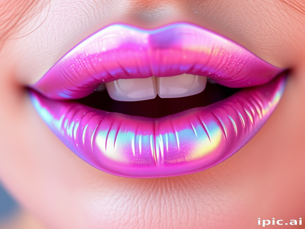 Holographic iridescent lip color shifting between pink and blue, dubbed "Unicorn Dreams," incorporating tiny sparkles for a magical, ethereal look