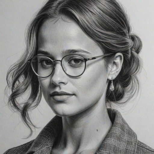 Fascinating Alicia Vikander, pencil sketch, portrait of Attractive woman 1963s in glasses, hair style beatnik, outline, clear lines, fine lines, 8k