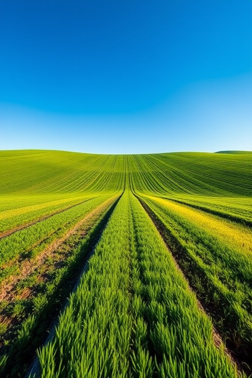 regenerate a vibrant landscape of rolling green fields under a clear blue sky with tire tracks leading into the horizon, taken with a Canon EOS 5D Mark IV at f/8, ISO 100, 1/250s, with a wide-angle lens from a low angle perspective to enhance depth and detail